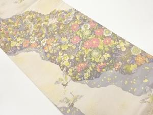 道長取に花々・鶴・民家模様織出し袋帯